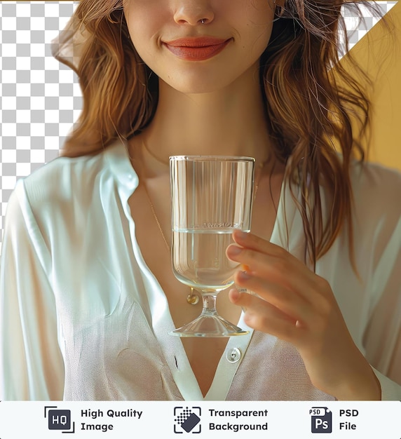 PSD transparante premium psd foto close-up van blanke vrouw dragen witte blouse met drinkwater glas in haar hand gezonde levensstijl gezondheidszorg behandeling concept