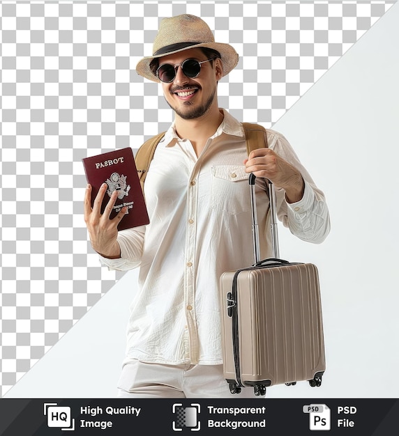Transparante premium psd foto jonge knappe man op vakantie met reiskoffer en paspoort draagt een wit shirt bruin en bruine hoed en donkere zonnebril met een rood boek in zijn hand