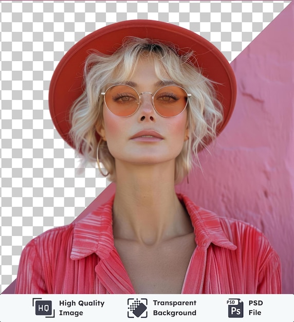 PSD transparante premium psd picture style blonde vrouw in de jaren 80 bril en hoed staande voor een roze muur met een roze shirt en een kleine oorbel