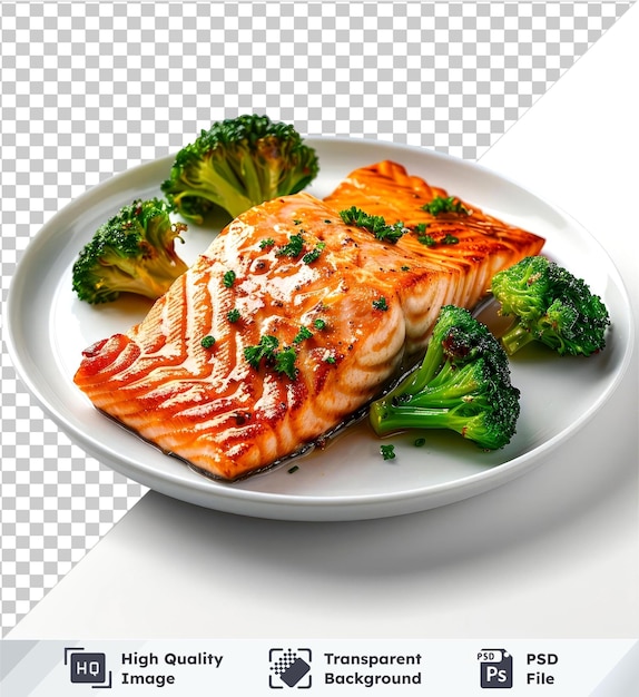 PSD transparante psd beeld zalm steak met broccoli op een bord geïsoleerd op een transparante achtergrond