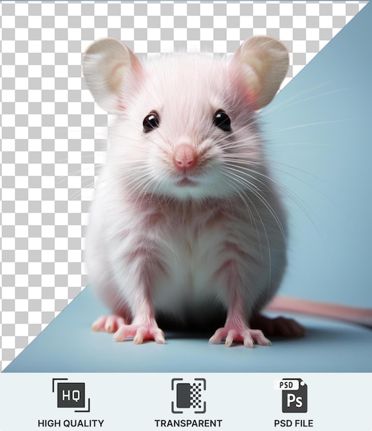 PSD transparante psd een kleine witte rat met zwarte ogen een roze neus en lange witte snorharen die op een blauwe achtergrond staat