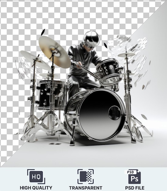 Transparante psd-foto 3d-drummer die in een band speelt