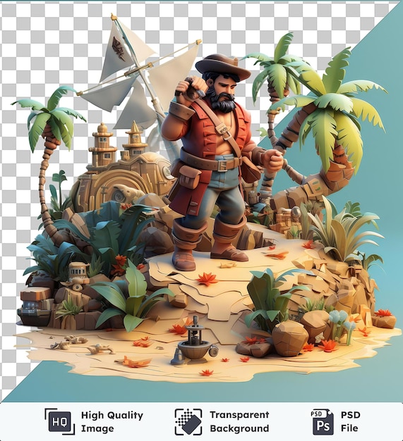 Transparante psd-foto 3d-piratencartoon op zoek naar verborgen schat op een verlaten eiland