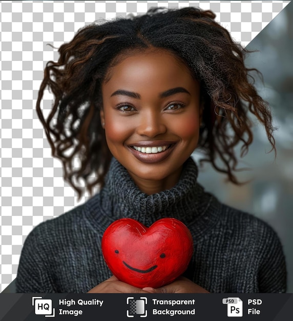 PSD transparante psd foto aantrekkelijke glimlachende afro-amerikaanse vrouw met een rood hart in haar handen