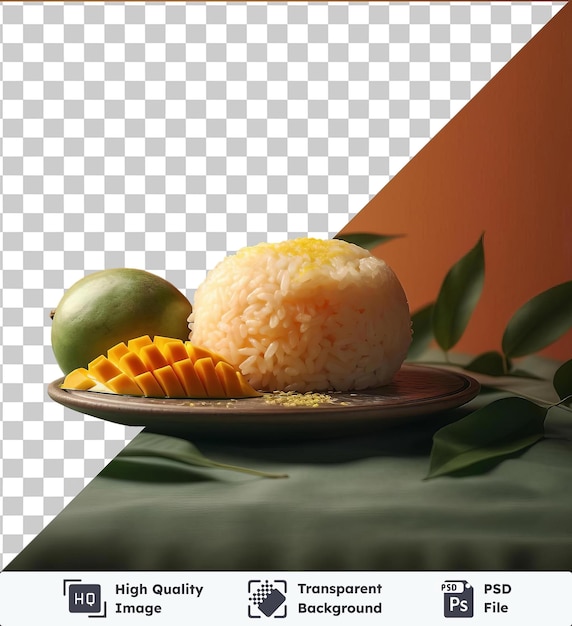 PSD transparante psd-foto exotische mango kleverige rijst geserveerd op een bruine bord met groene bladeren geplaatst op een groene tafel tegen een oranje muur