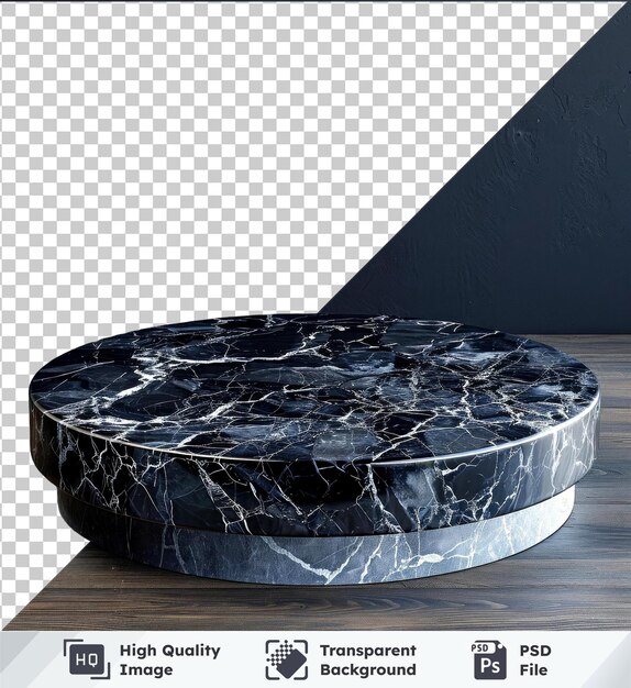 PSD transparante psd-foto mockup van een ronde lege zwarte marmeren plaat op een houten tafel tegen een zwarte muur