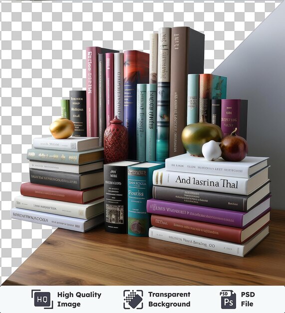 PSD transparante psd-foto realistische fotografische leraar _ s boeken een verzameling boeken in verschillende kleuren en stijlen zijn gerangschikt op een houten tafel tegen een witte muur de boeken bevatten een rood boek een