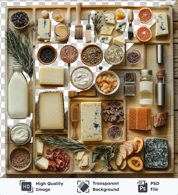 PSD transparante psd-foto thuis kaas en charcuterie bord set met een verscheidenheid aan kazen, waaronder witte bruine en ronde variëteiten, gerangschikt op een houten tafel naast een glazen fles