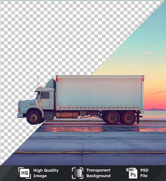 PSD transparante psd-foto van een witte vrachtwagen tegen een blauwe hemel met een kleine witte wolk