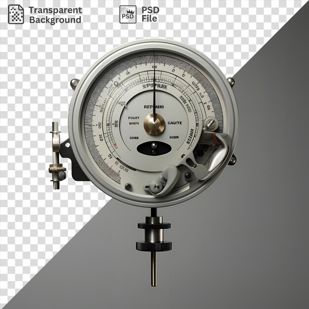 Transparante realistische fotografische meteorologen anemometer met een gouden bal en zwart nummer weergegeven tegen een grijze en witte muur