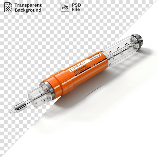 PSD transparante realistische fotografische verpleegsters spuit met een oranje pen op een geïsoleerde achtergrond die een donkere schaduw werpt