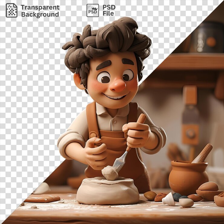 PSD transparent 3d artist cartoon sculpting a masterpiece on a wooden shelf surrounded by a variety of objects including a glass bottle a doll a hand a black eye black hair