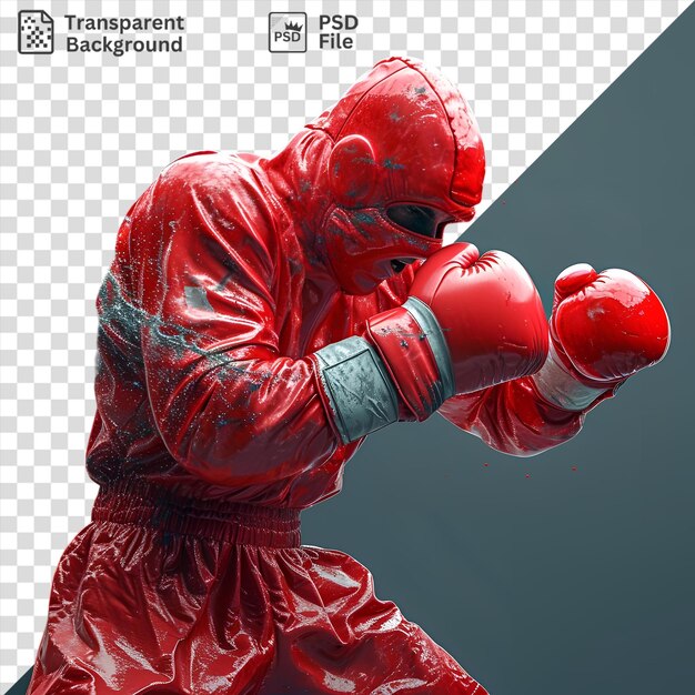 PSD boxer 3d trasparente nel ring che indossa un casco rosso e un guanto nero e rosso con una gamba rossa visibile in primo piano