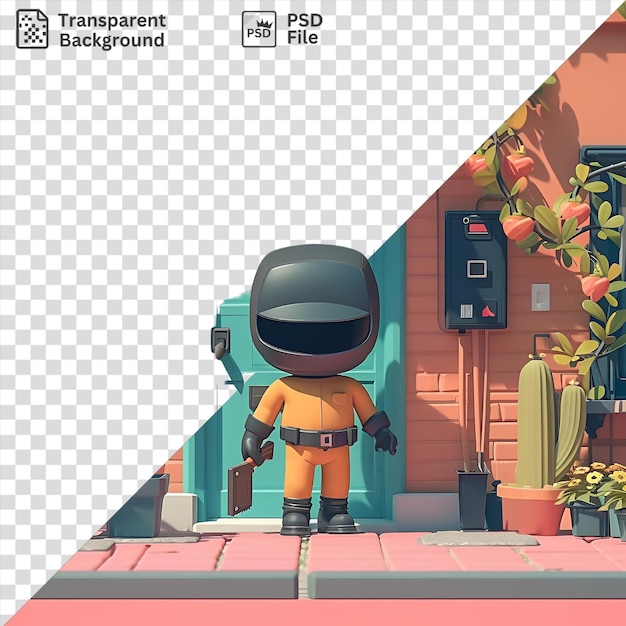 PSD transparent 3d burglar cartoon breaking into a house with a blue door and window surrounded by potted plants and a green cactus while wearing a black belt