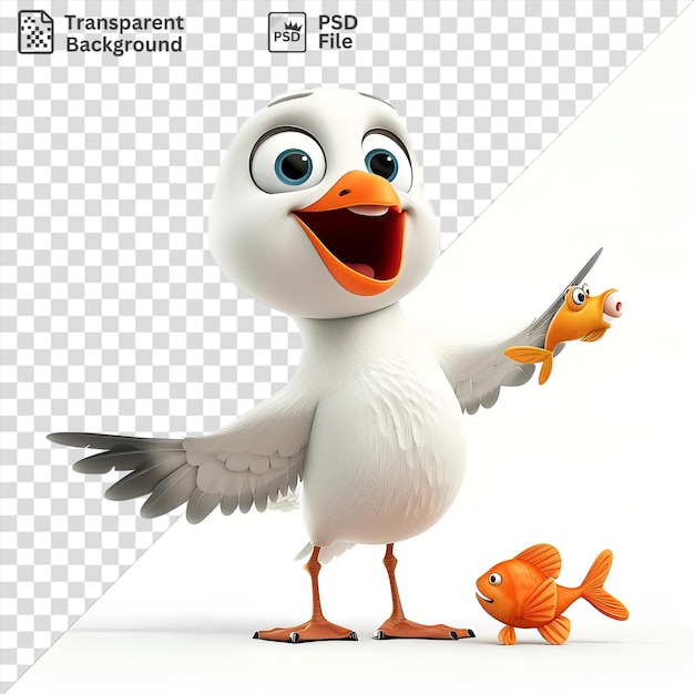 Transparent 3d cartoon seagull squawking with a fish accompanied by a white bird and various body parts including orange feet blue eyes and gray and white wings