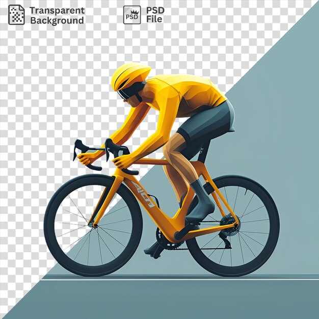 PSD transparent 3d cyclist in a race suit wearing a yellow helmet rides a yellow bike with black wheels under a clear blue sky with a white line marking the path