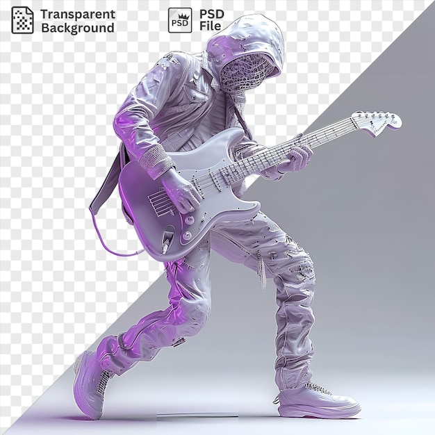 PSD 透明な3dエレクトリックギタリストがソロパフォーマンスのポーズで前面に紫の足が見える白いギターを握っています