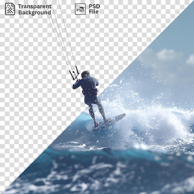 PSD surfista di kite 3d trasparente che cavalca le onde sotto un cielo blu con nuvole bianche