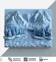 PSD transparent 3d model of the banff national park featuring snow covered mountains and trees with a white wall in the foreground