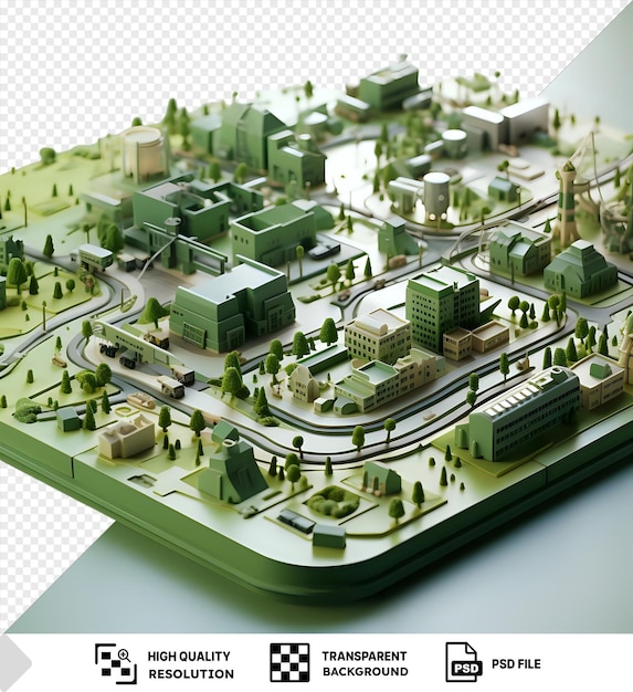 PSD transparent 3d model of the chernobyl exclusion zone featuring a small green tree and a green building