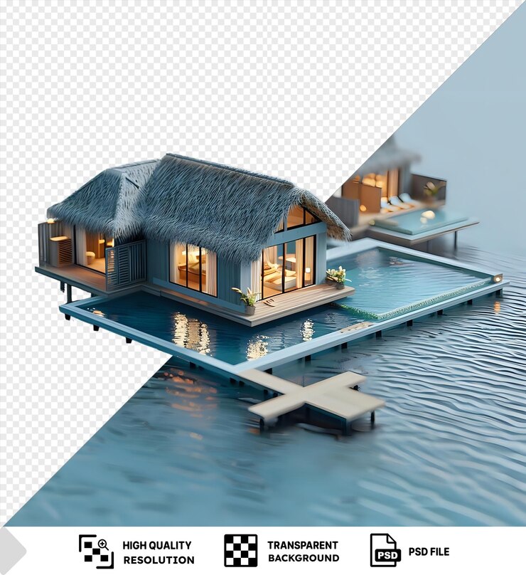 PSD transparent 3d model of the maldives overwater bungalows featuring a blue house with a gray roof set against a clear blue sky and calm blue water with a glass window in the foreground