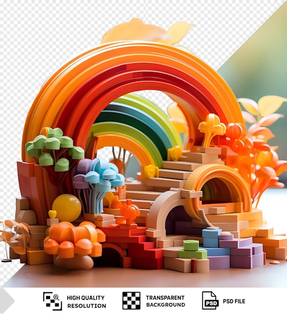 PSD transparent 3d model of the victoria falls rainbow bridge surrounded by a colorful array of objects including a yellow and orange flower an orange toy and a green block