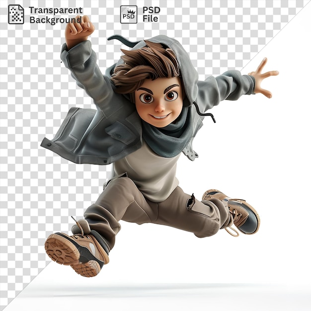 Transparent 3d parkour athlete cartoon performing daring stunts captured in a close up shot featuring their hand ear eye and brown shoe with a toy in the background