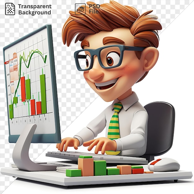 Transparent 3d stock trader cartoon analyzing stock market charts on a computer screen