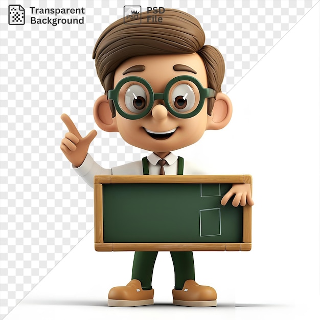 PSD transparent 3d teacher cartoon teaching a class on blackboard wearing a black tie and green glasses with a toy and brown foot visible in the foreground the teachers features include a large