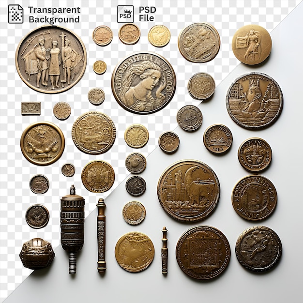 PSD 透明なアンティークコインコレクションセット - 金色, ブラウン, 丸いコイン, 茶色の馬の像を含む様々なコインを備えたコレクション - コレクションは白い壁に展示されています.