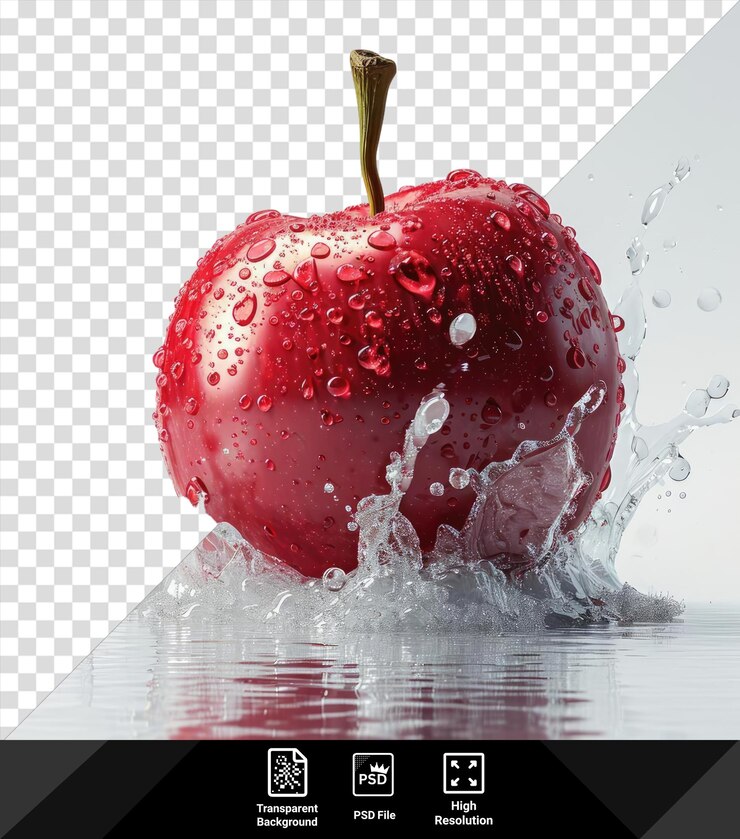 PSD transparent apple with milk splash a red apple with a brown stem in the foreground