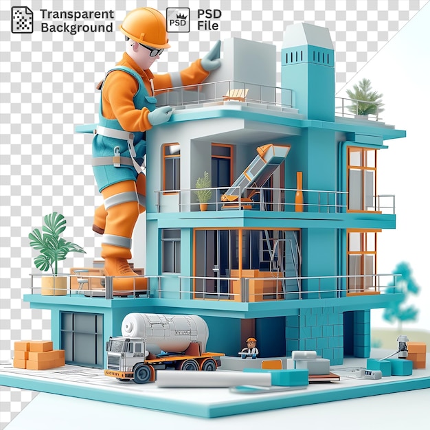 PSD transparent background 3d architect cartoon designing a building with a blue toy orange window and yellow and orange helmet