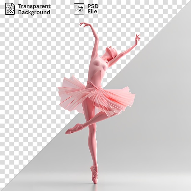 PSD sfondo trasparente ballerina di balletto 3d che esegue una piruetta in un tutu rosa con la mano alzata e il braccio esteso indossando un vestito e una gonna rosa e una gamba rosa e rossa visibili