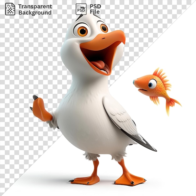 PSD transparent background 3d cartoon seagull squawking with a fish accompanied by an orange fish and a white bird while a gray wing and an orange foot are visible in the fore