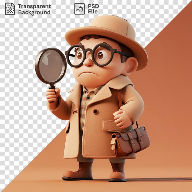 PSD transparent background 3d detective solving a mystery man wearing a beige and tan hat black glasses and carrying a brown purse with a small hand and arm visible in the foreground