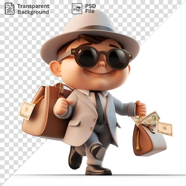 Transparent background 3d fraudster cartoon running a ponzi scheme wearing a white hat black sunglasses and holding a brown handbag with a small ear visible in the foreground
