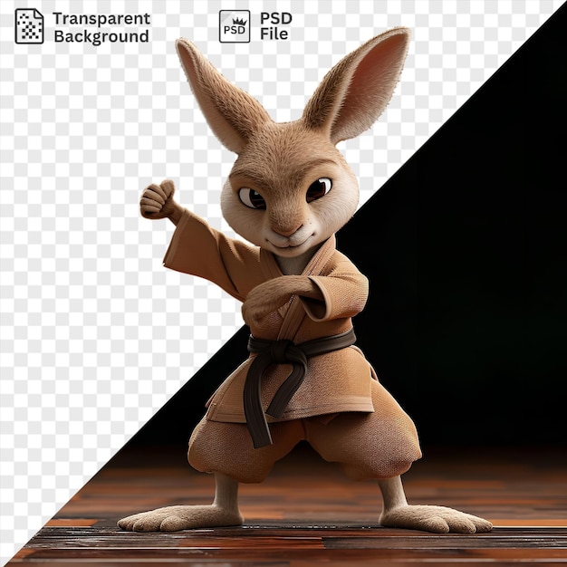 PSD transparent background 3d kangaroo cartoon practicing martial arts on a wooden floor with a brown arm and black eye visible and a white foot in the foreground