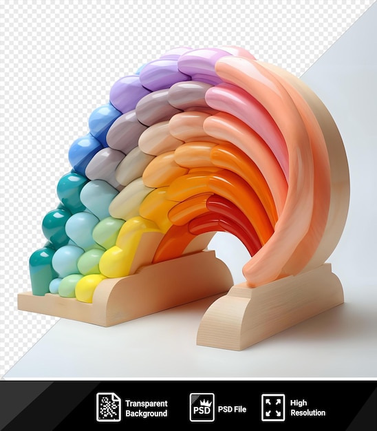 PSD transparent background 3d model of the victoria falls rainbow sculpture featuring a colorful rainbow design on a wooden base with a white shadow in the foreground