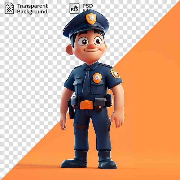 PSD transparent background 3d police officer cartoon patrolling the streets wearing a blue and black hat black and blue tie and black boots with a toy and a long arm visible in the foreground