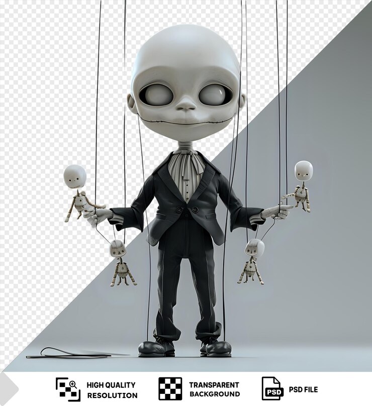 PSD transparent background 3d puppeteer performing with marionettes featuring a white skull black suit and white toy while a white hand and eye are visible in the foreground