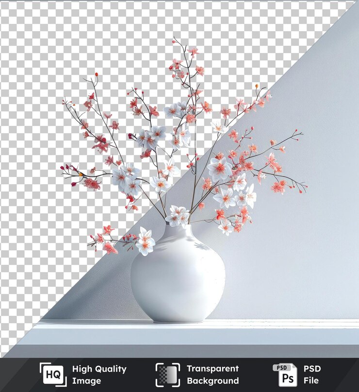 PSD transparent background 3d twitter mockup with white vase of flowers against gray wall