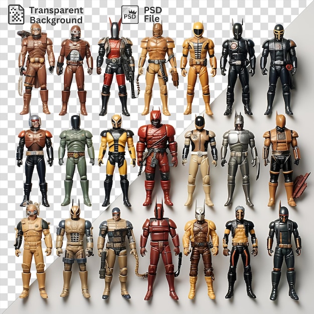 PSD transparent background action figure collection set featuring a variety of toys including a black toy a brown toy and a toy arranged in a row from left to right