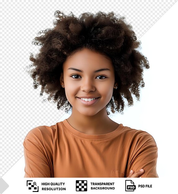 PSD transparent background beautiful african american girl with an afro hairstyle smiling isolated on transparent background png