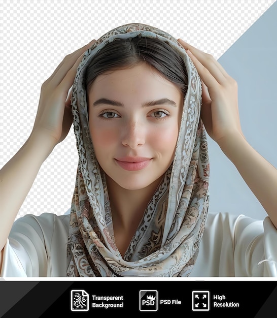 PSD Прозрачный фон красивая молодая белая женщина наслаждается массажем головы в белой рубашке и шарфе с коричневыми бровями и глазами и маленьким носом