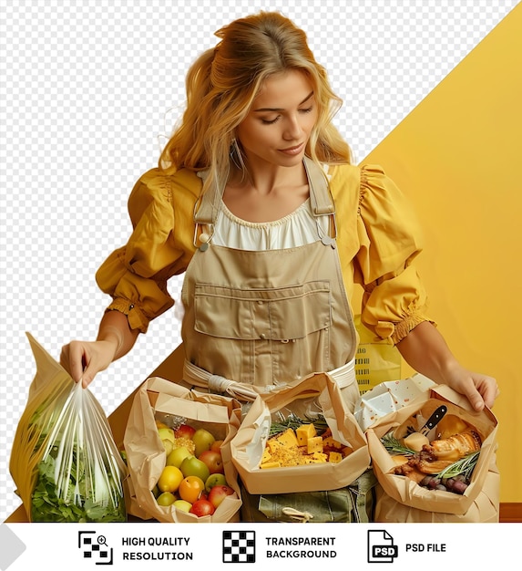 PSD transparent background blonde housewife unpacking bags with food on wooden table against yellow wall holding a plastic bag and a green apple while wearing a white dress and with long blond hair png