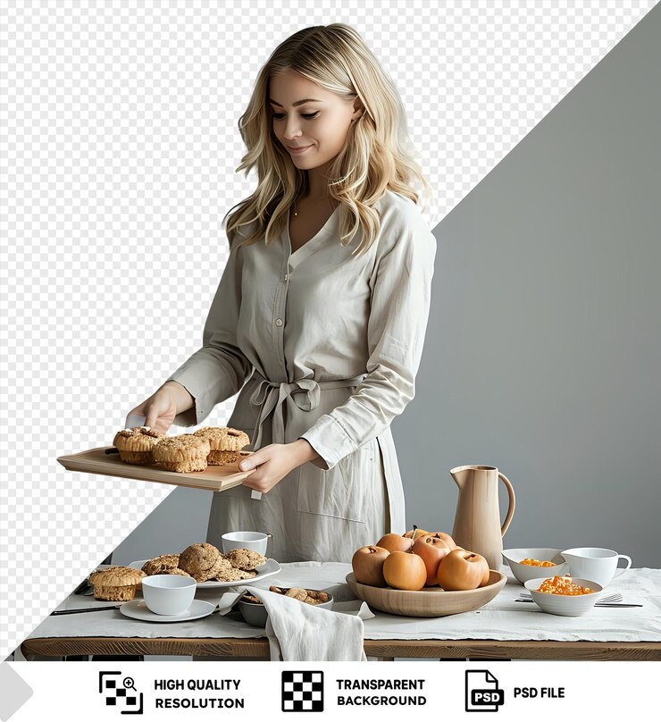 PSD transparent background blonde woman serving a table for breakfast with a white bowl and plate on the left a brown and wood chair in the center and a gray and white wall on the right png