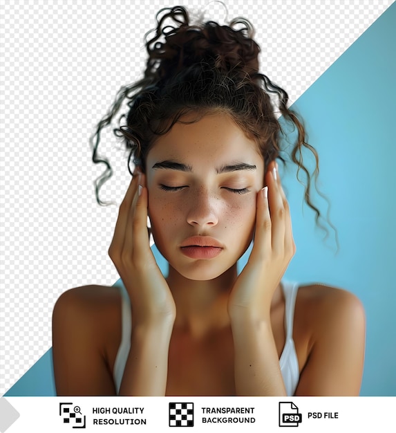 PSD transparent background bring on the painkillers studio shot of a young woman experiencing a headache with closed eyes a small nose and brown hair while her hand rests on her face