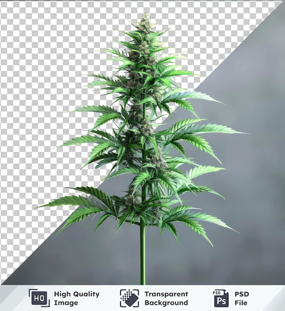 PSD transparent background cannabis marijuana plant with green leaves and stem against a gray sky