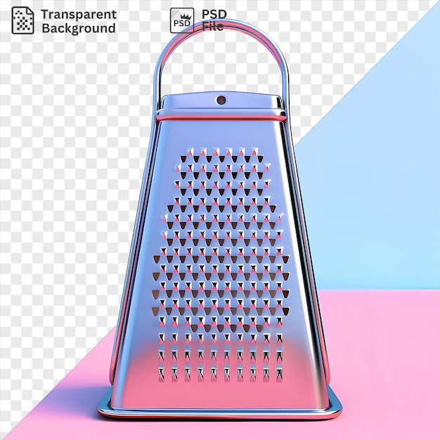 Transparent background cheese grater on a pink table against a clear blue sky with a pink shadow in the foreground