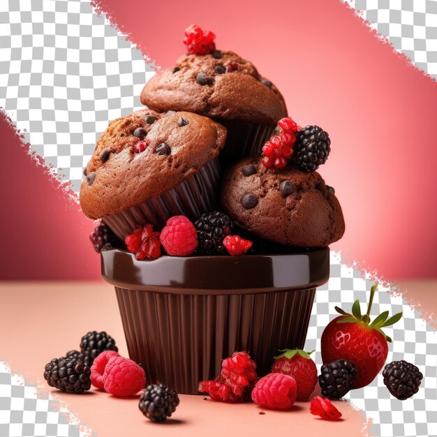 Transparent background chocolate muffins with berries in bucket